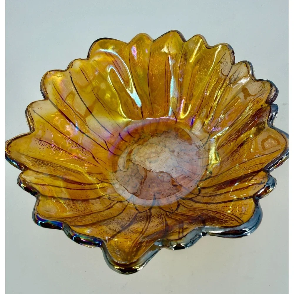 Vintage Indiana Glass Amber Carnival Bowl Iridescent Ruffled Edge‎ Marigold 7